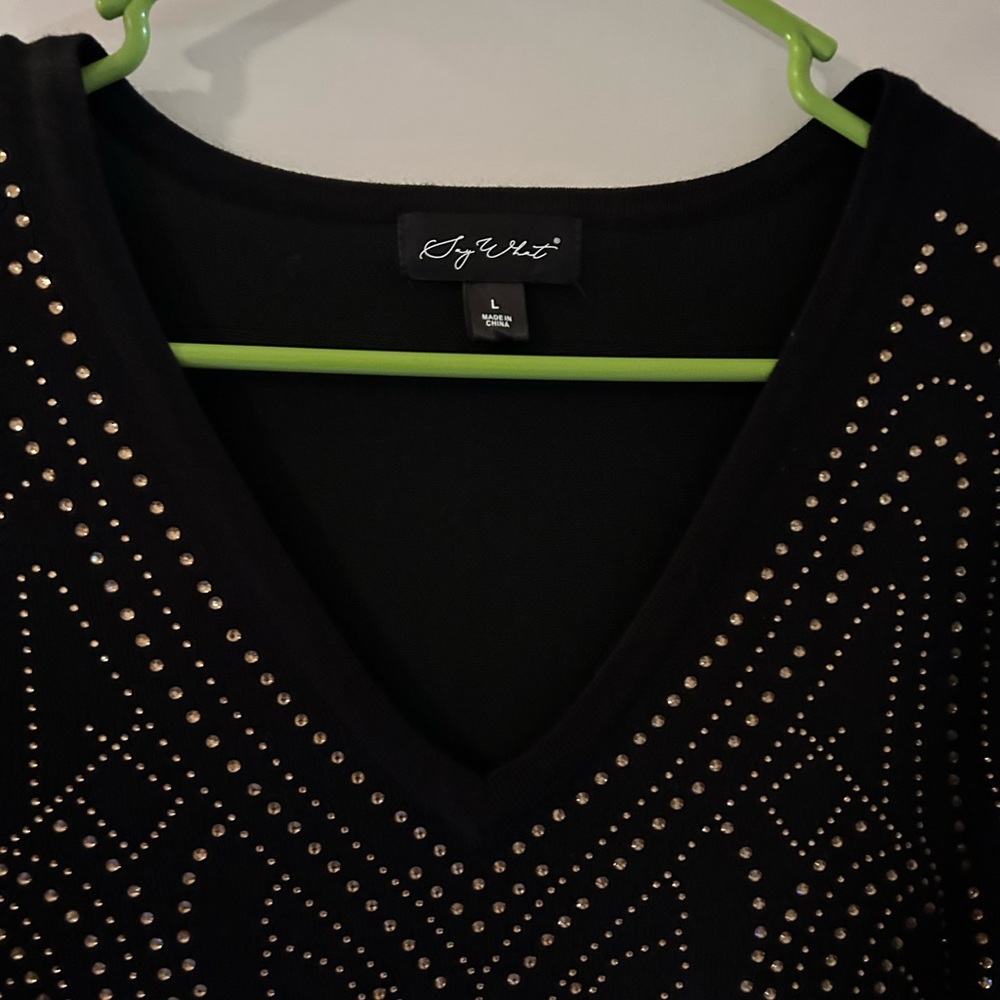 SAY WHAT • Black Sweater w/Gold Rhinestone Dress • sz L • - Picture 5 of 9